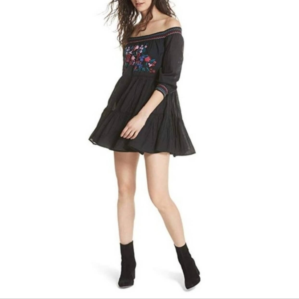 Free People Embroidered Floral Gypsy Dress Black Women Large Y2K - Picture 3 of 12